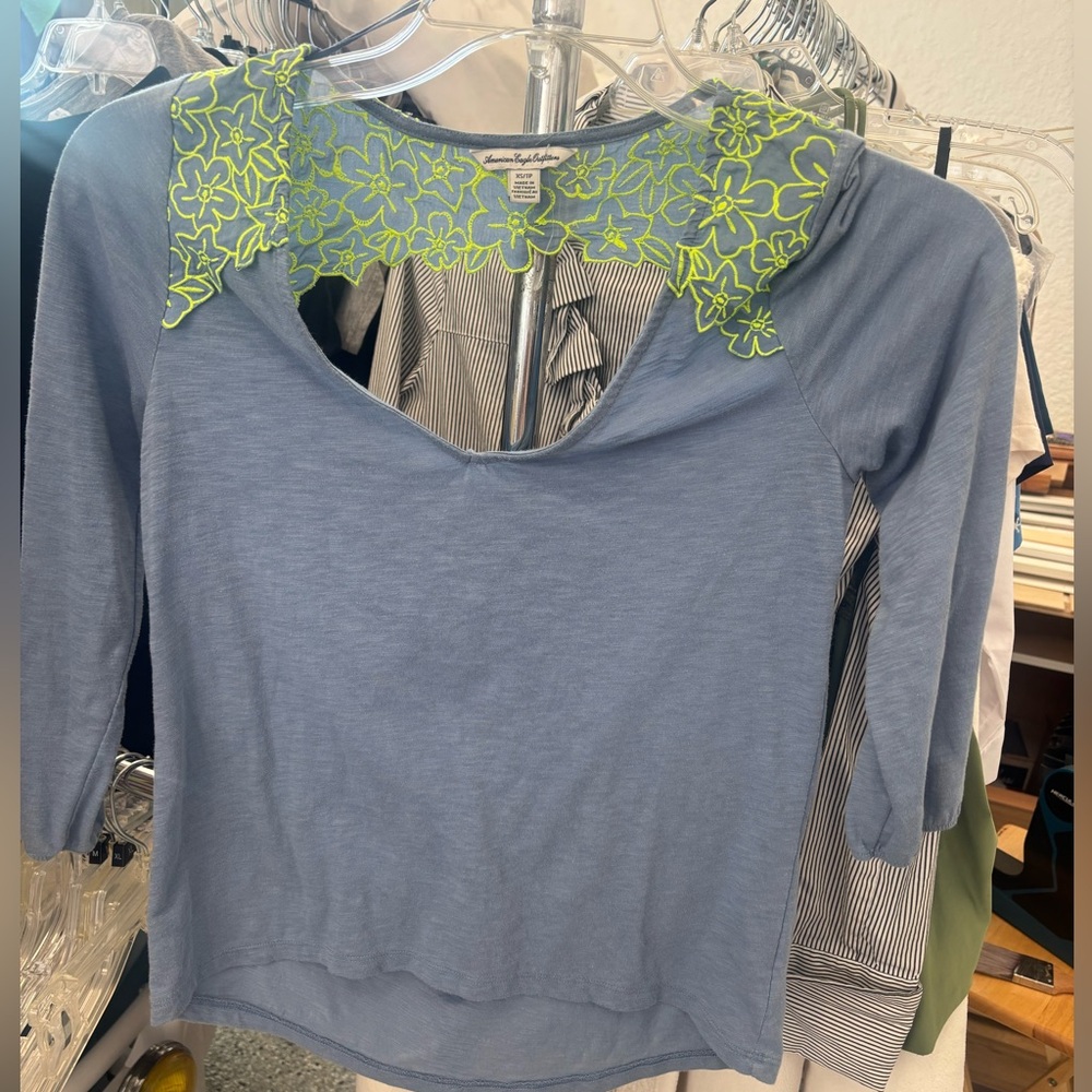 American Eagle Outfitters Sky Blue Long Sleeve Top with Neon Green Floral Trim